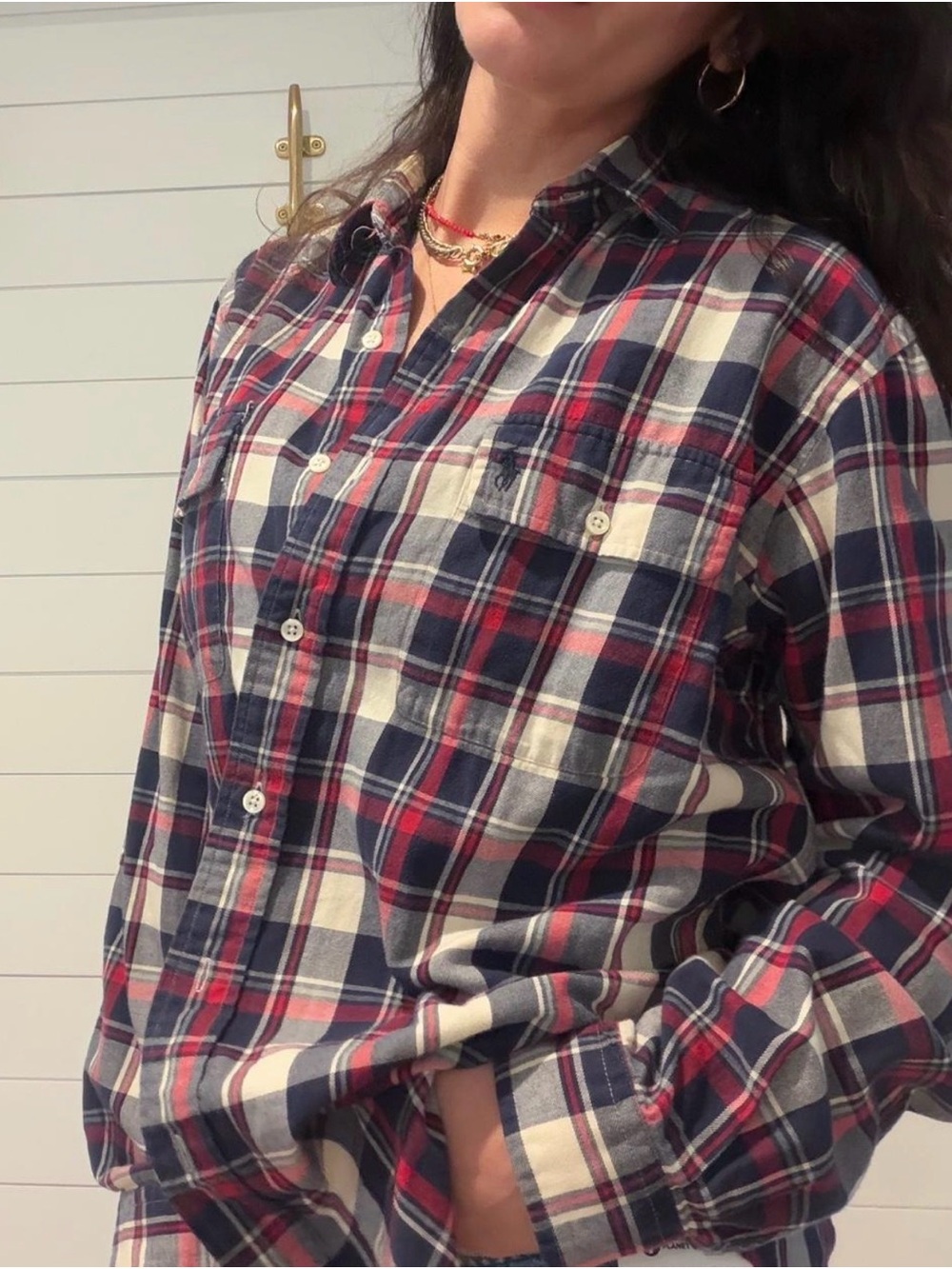 Ralph Lauren Polo Men’s Red, Navy & White Plaid Button-Down Shirt w/Pockets - M